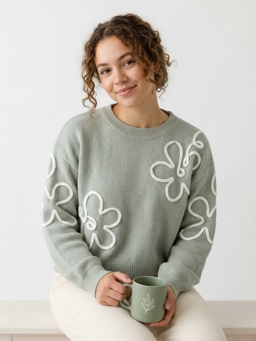 Luna Ivy Sage Green Floral Applique Knit Sweater Crewneck Long Sleeve Women's S